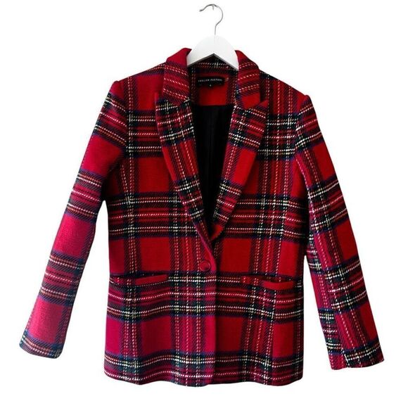 English Factory Tartan Plaid Long Sleeve Single Button Blazer Red Women's SZ S - Picture 2 of 13